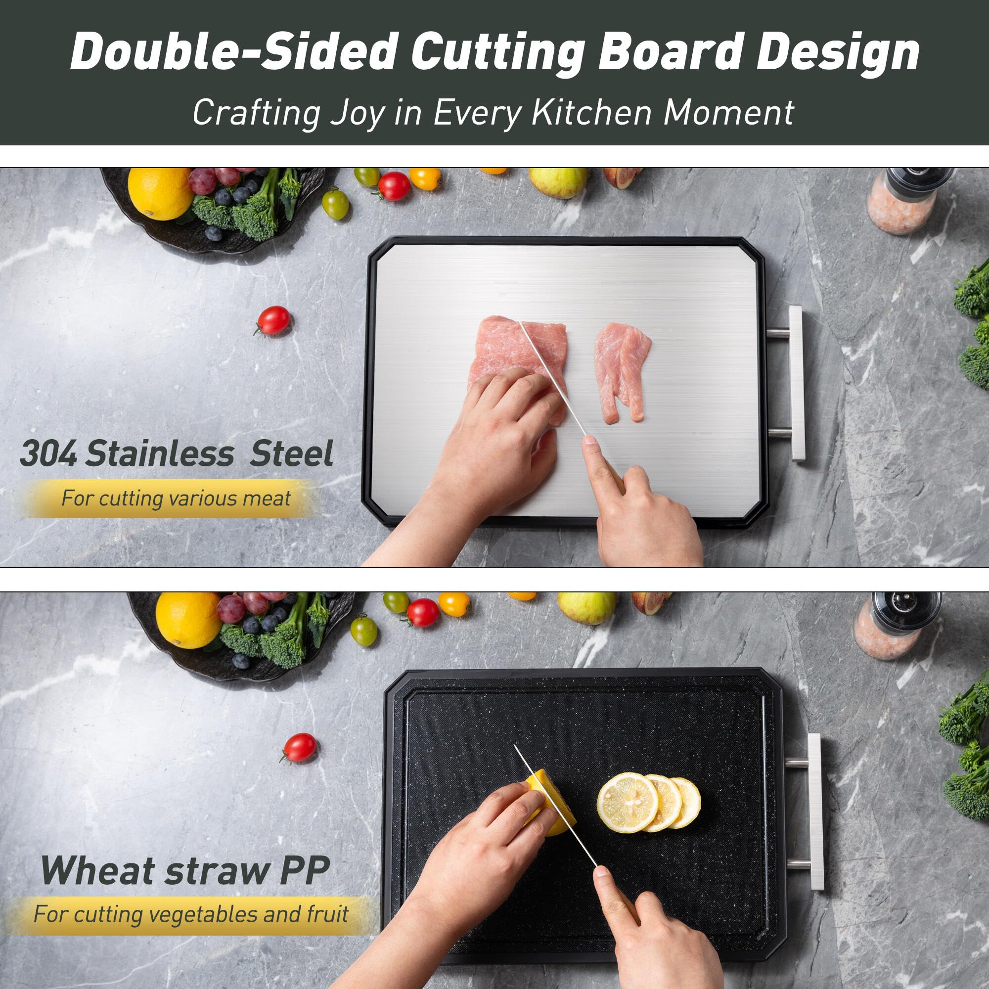 Socisen cutting board shows ergonomic U-shaped handle for easy carrying.