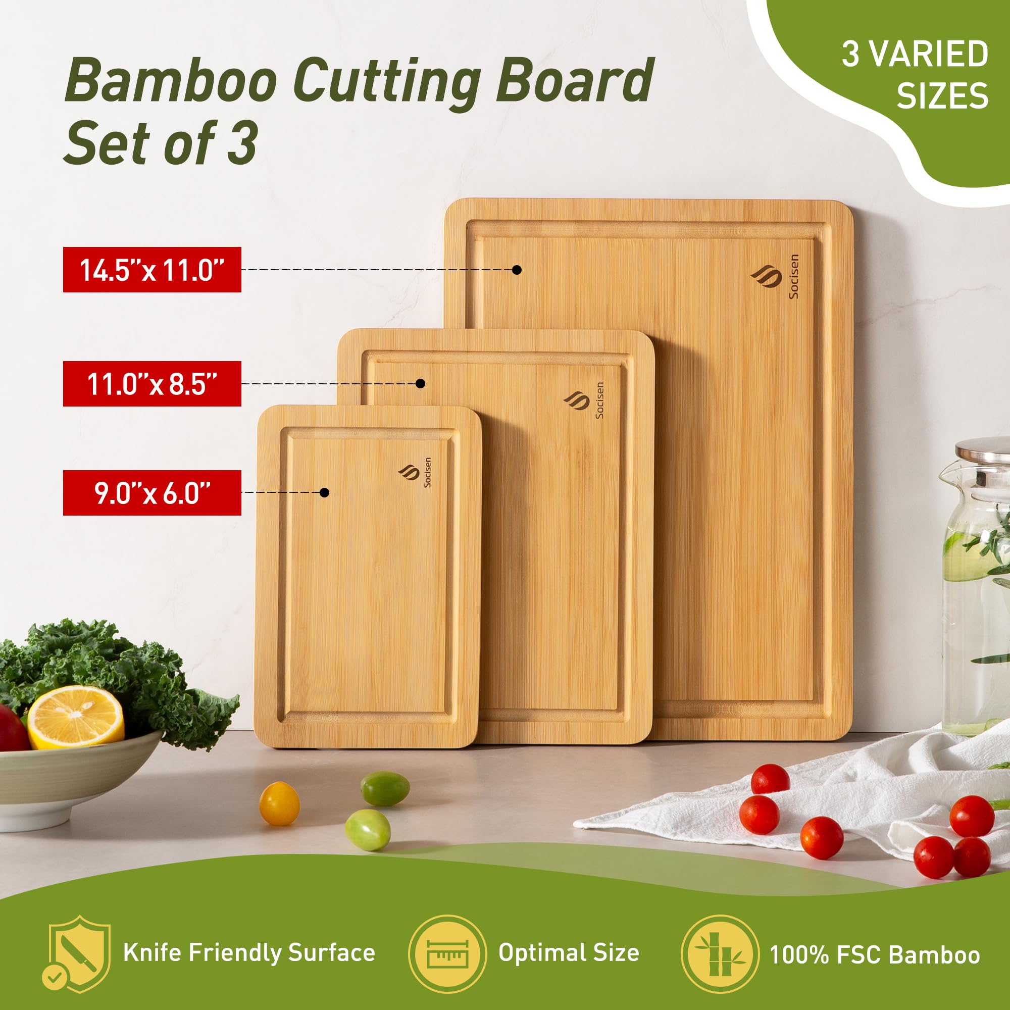 Three board sizes for versatile prep, slicing, and serving.