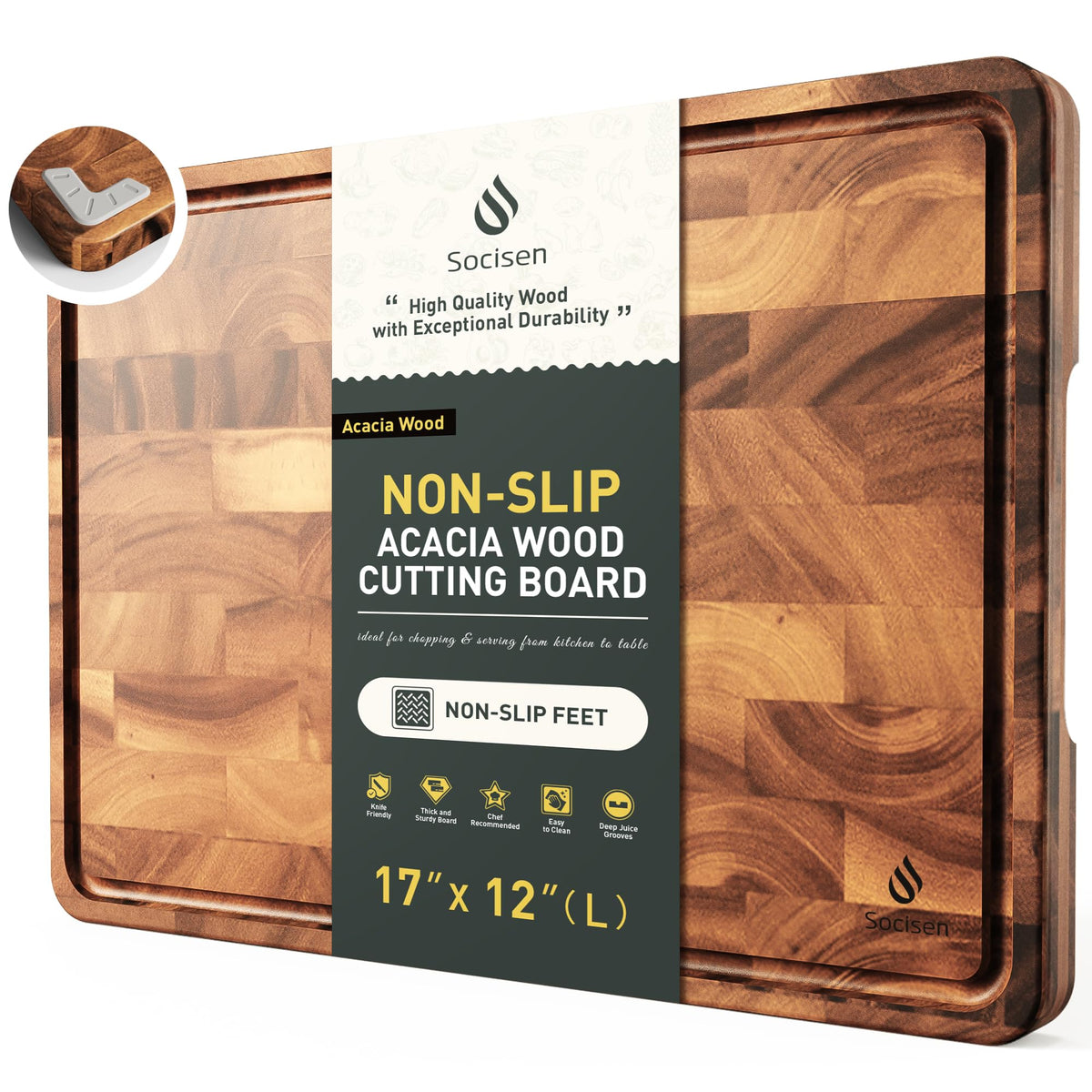 Socisen end-grain acacia cutting board, top view, durable prep surface
