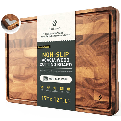 Socisen end-grain acacia cutting board, top view, durable prep surface