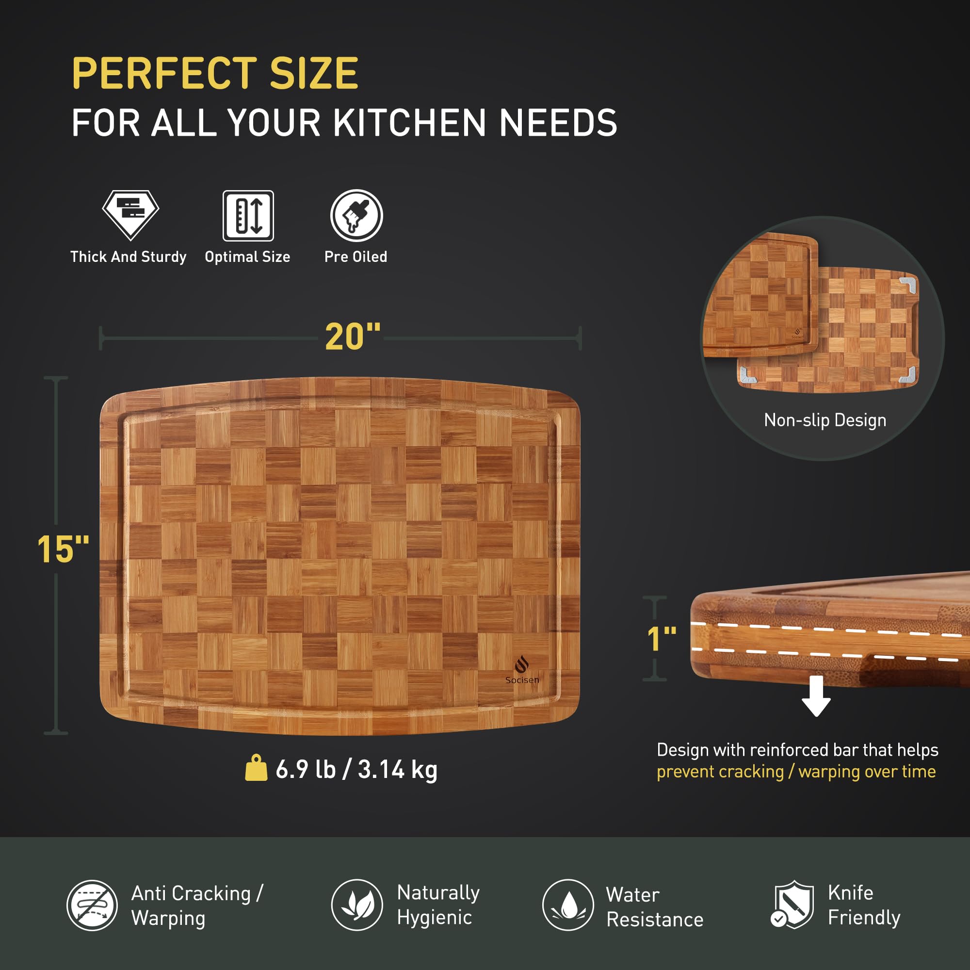 Socisen extralarge bamboo board shows 5-layer thick durability for heavy daily prep