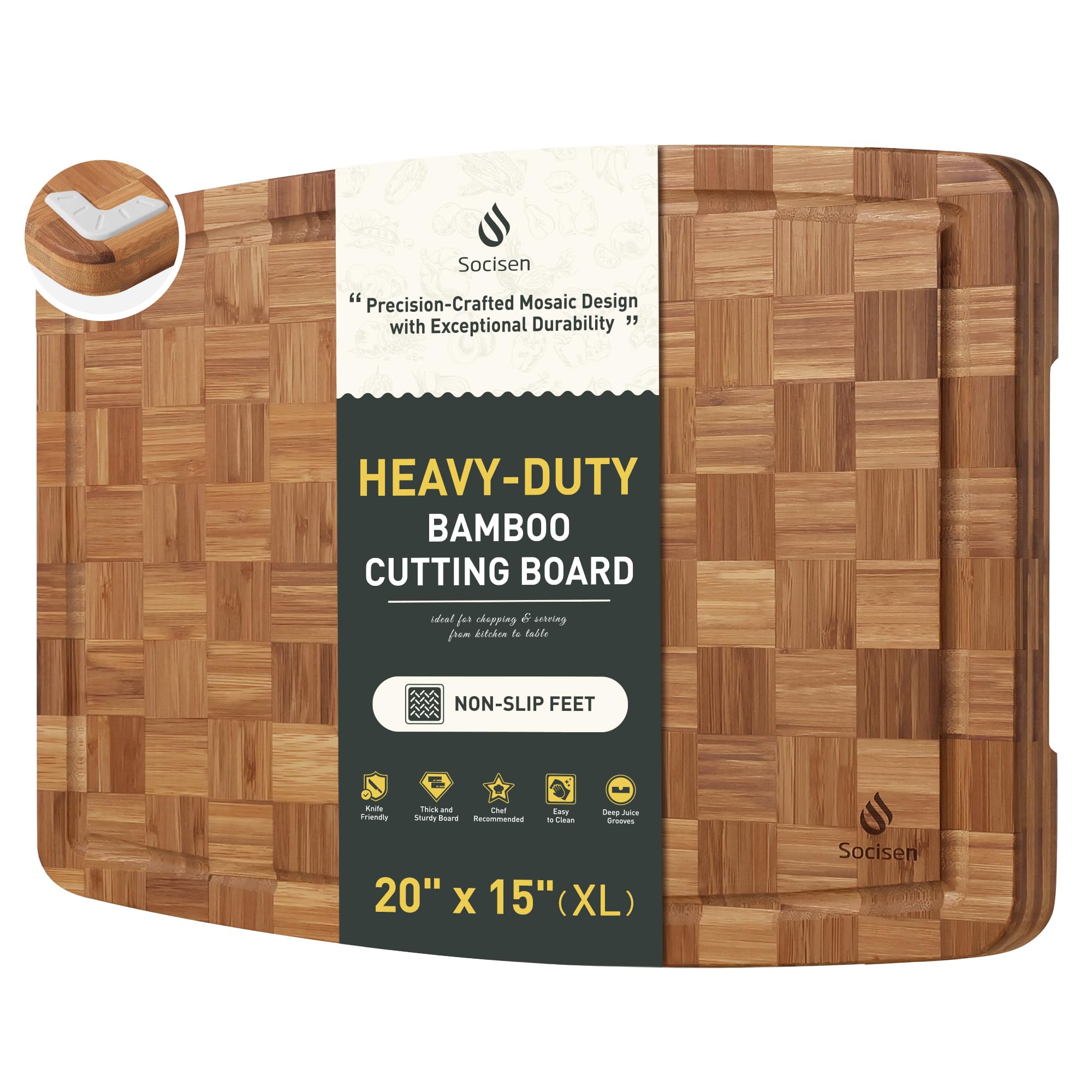 Socisen extralarge bamboo cutting board over sink with non-slip feet for stable chopping