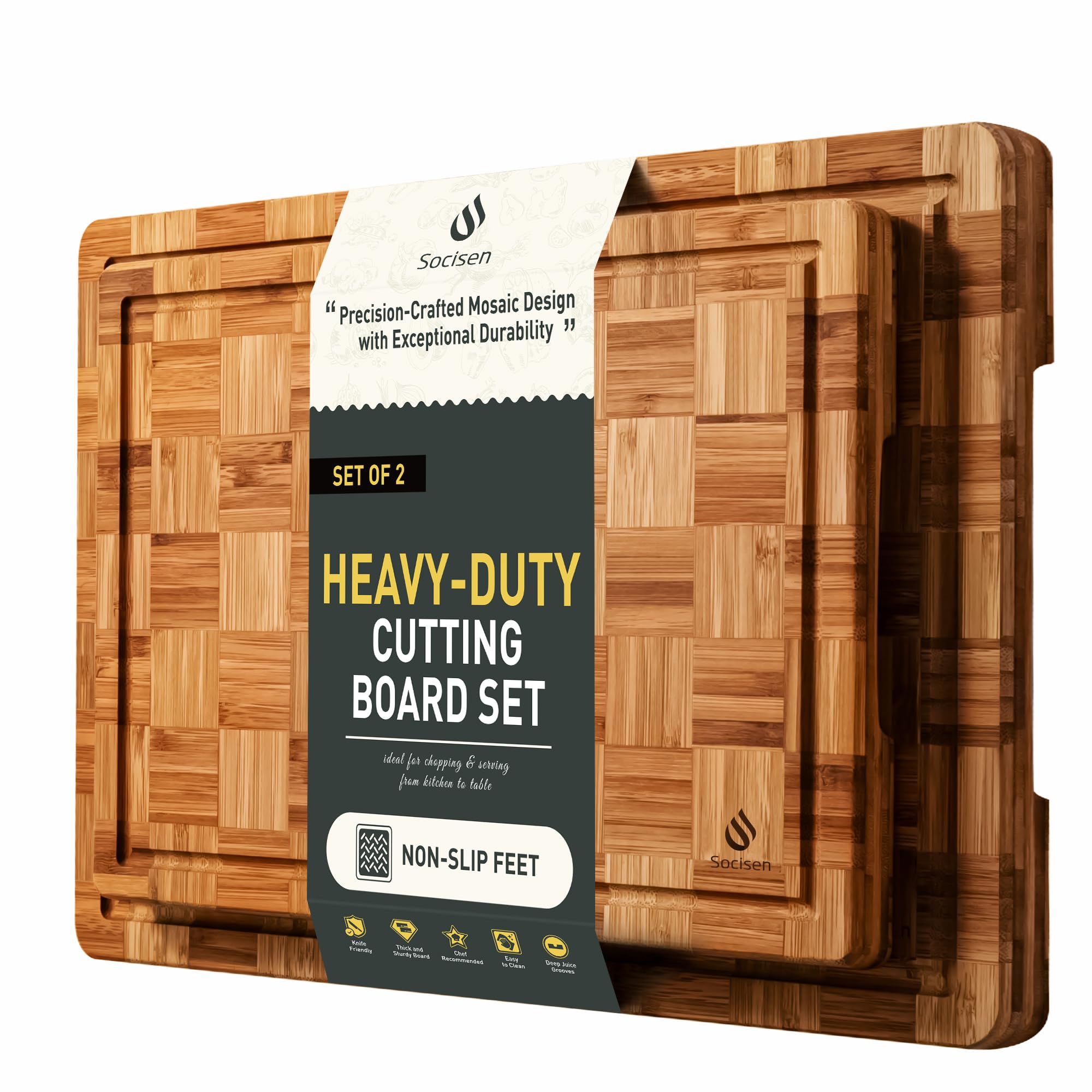 Socisen heavy-duty bamboo cutting board with non-slip feet for stable prep.