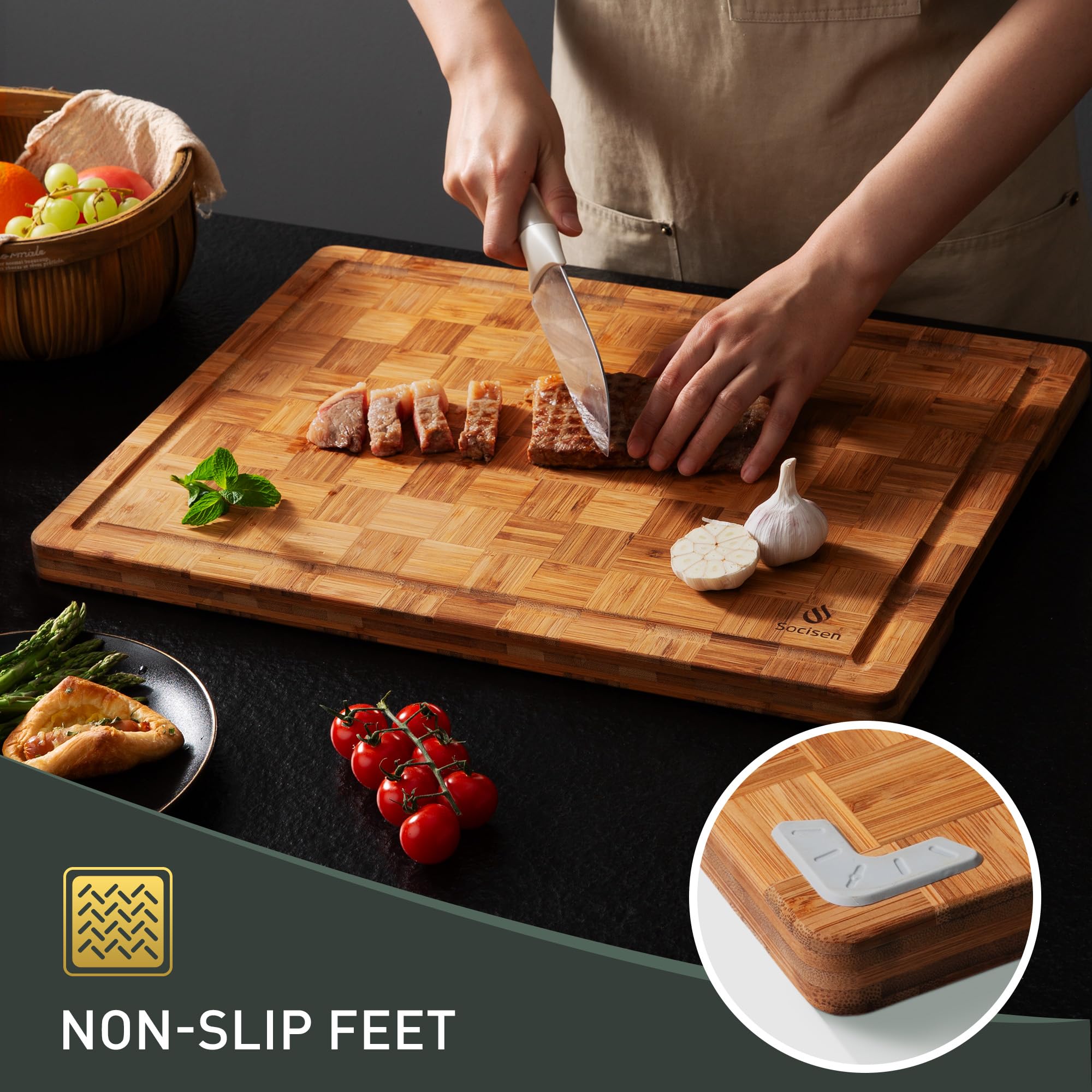 Socisen knife-friendly bamboo surface glides smoothly for precise cuts.