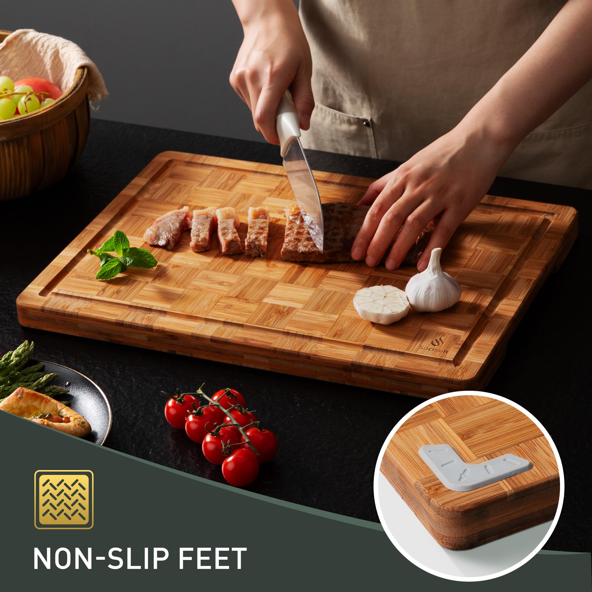 Socisen non-slip rubber feet keep the board steady on kitchen counters.