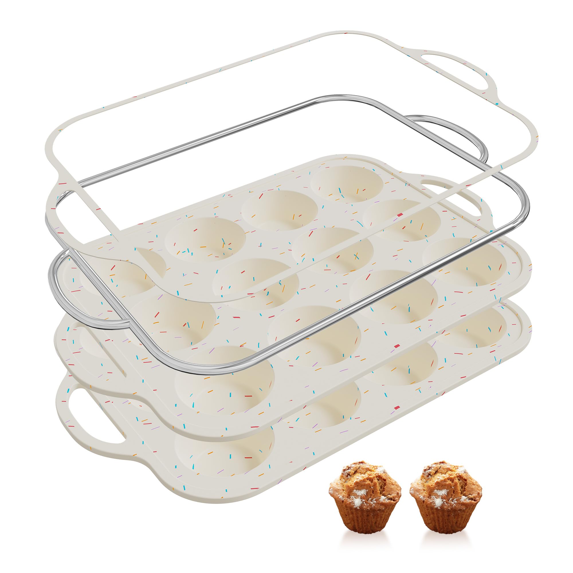 Socisen reinforced-frame muffin pan with side handles for stable oven transfer.