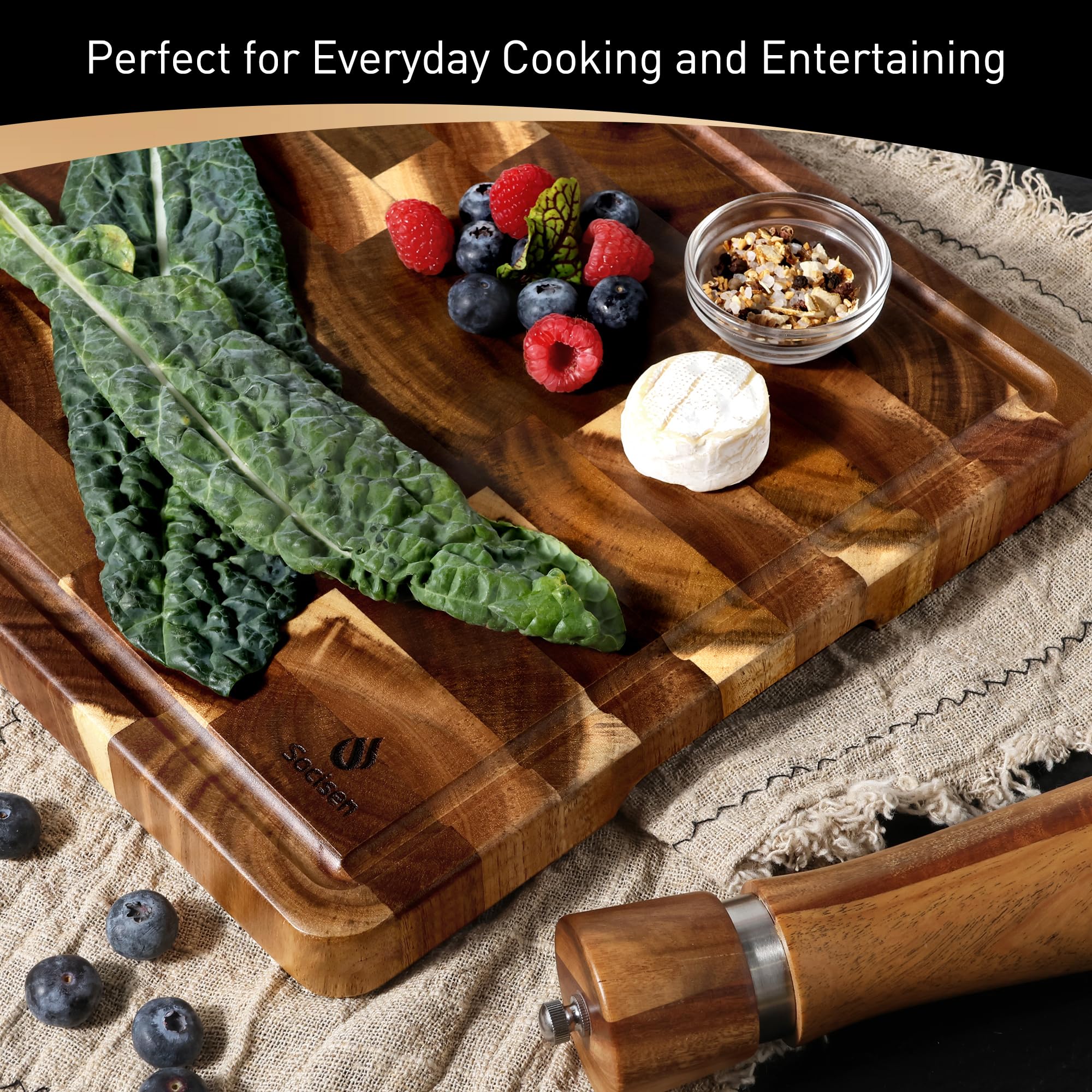 Socisen sustainable acacia wood cutting board highlighting origin