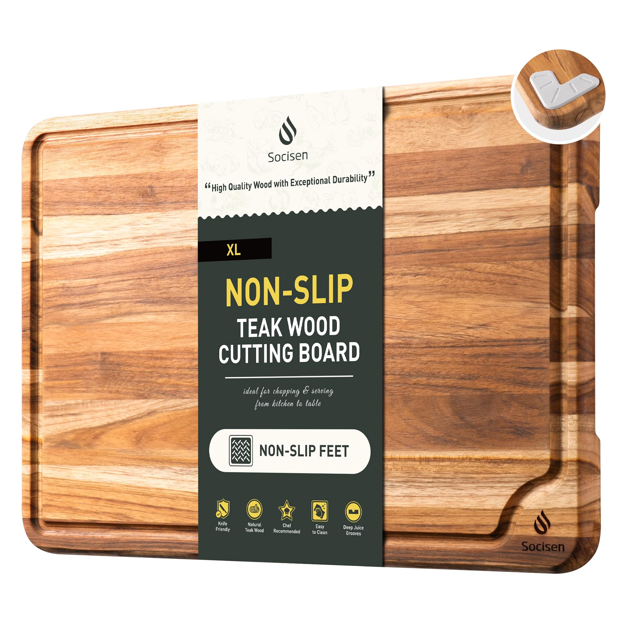 Socisen teak cutting board 17inch large offers ample prep space for big meals.