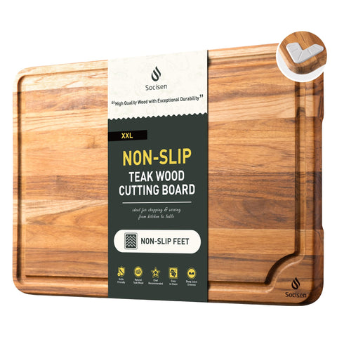 Socisen teak cutting board 20inch nonslip feet for stable slicing on any counter