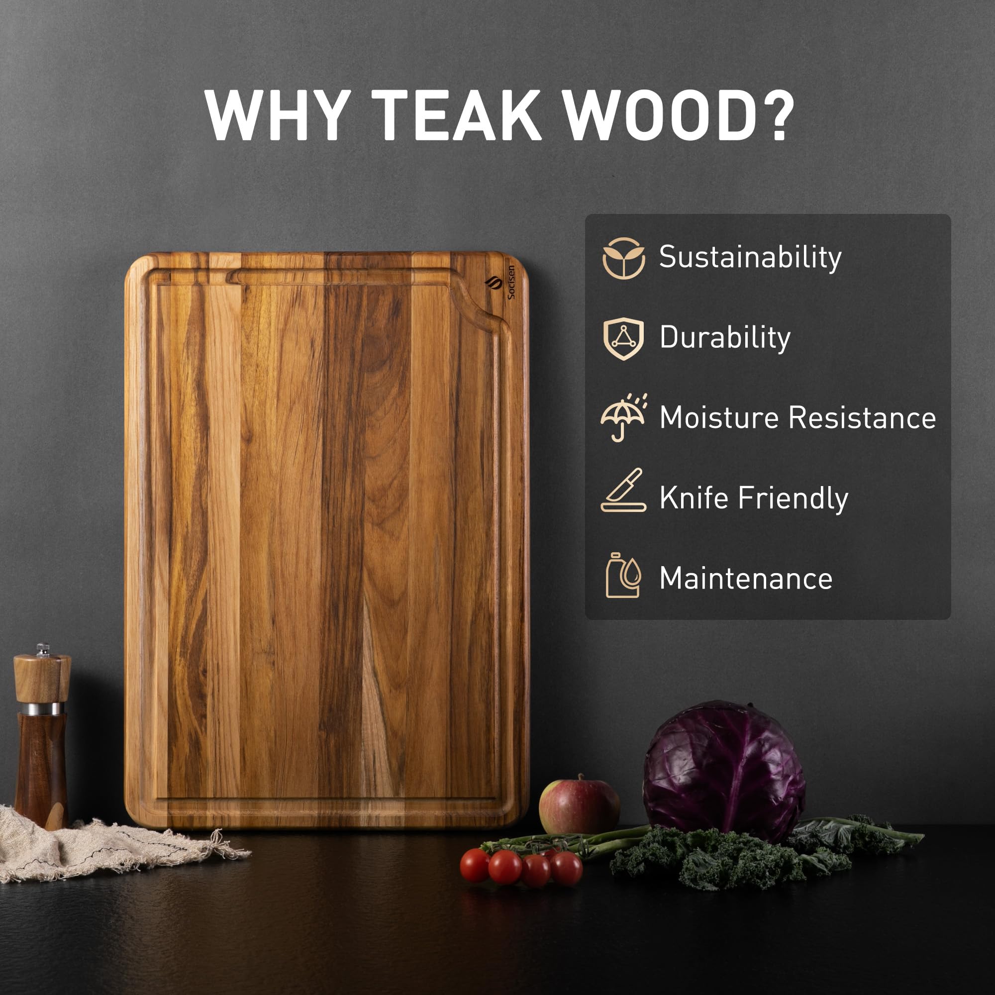 Socisen teak cutting board butcher-block sturdy for large roasts and big batches