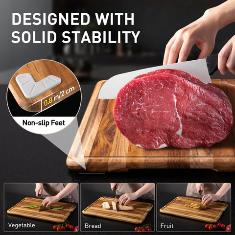 Socisen teak cutting board serves as elegant charcuterie display for entertaining.