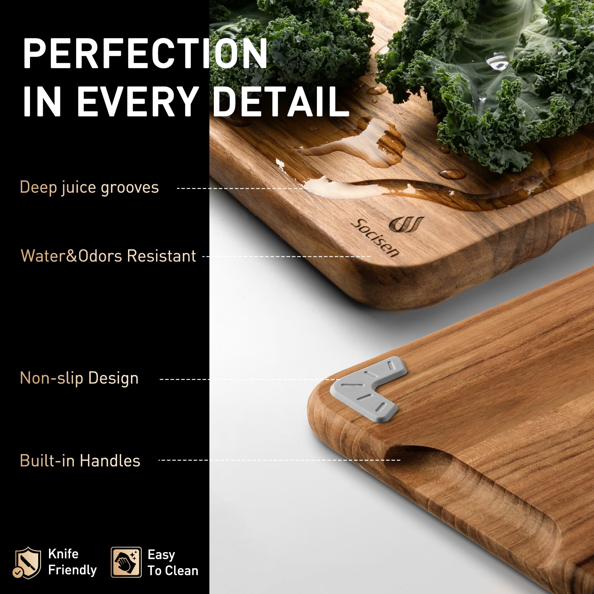 Socisen teak cutting board durable woodgrain for long-lasting kitchen use.