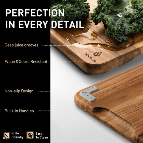 Socisen teak cutting board durable woodgrain for long-lasting kitchen use.