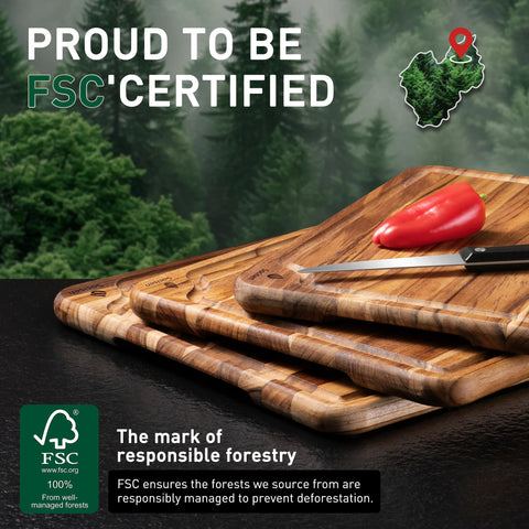 Socisen teak cutting board eco-friendly FSC certified material supports sustainable choices.