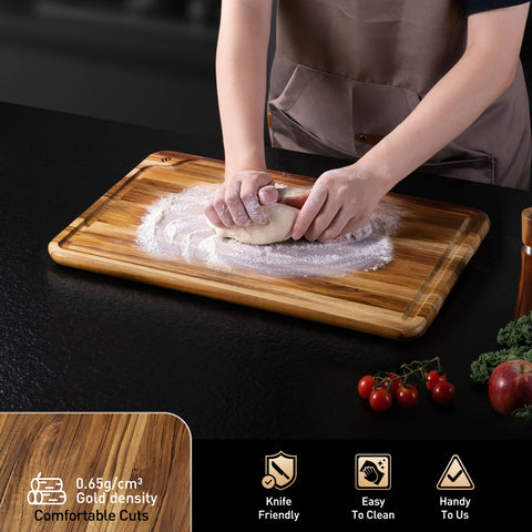Socisen teak cutting board ideal for everyday kitchen prep and handling large roasts.
