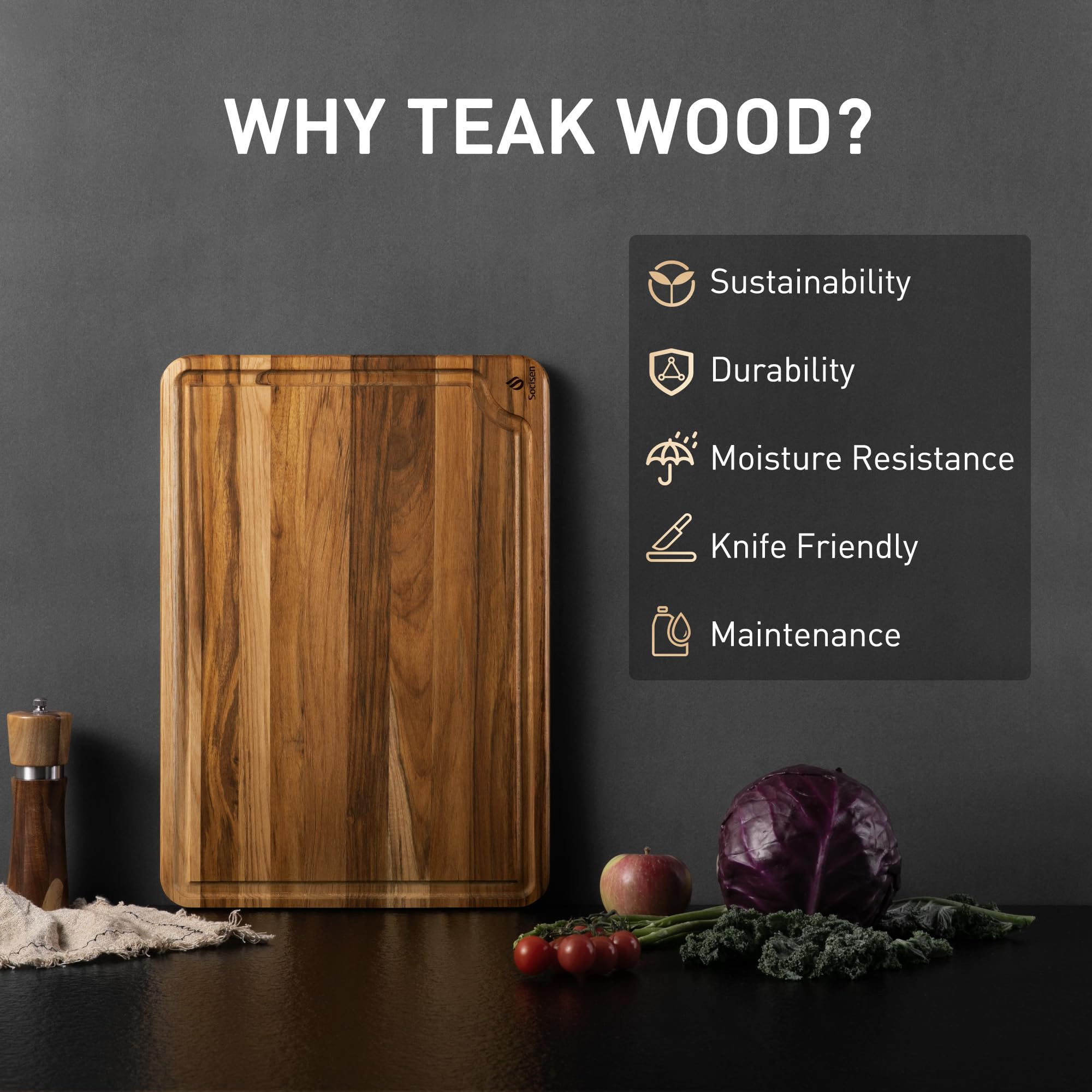 Socisen teak cutting board non-slip base keeps stable during chopping tasks.