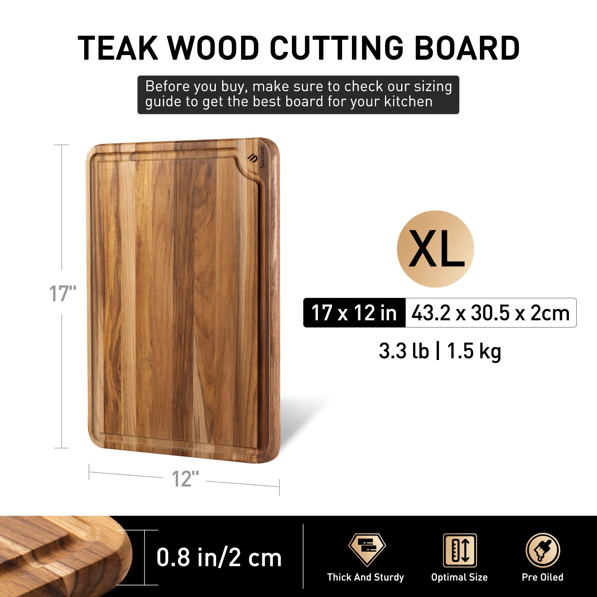 Socisen teak cutting board rounded edges provide comfortable grip while slicing.
