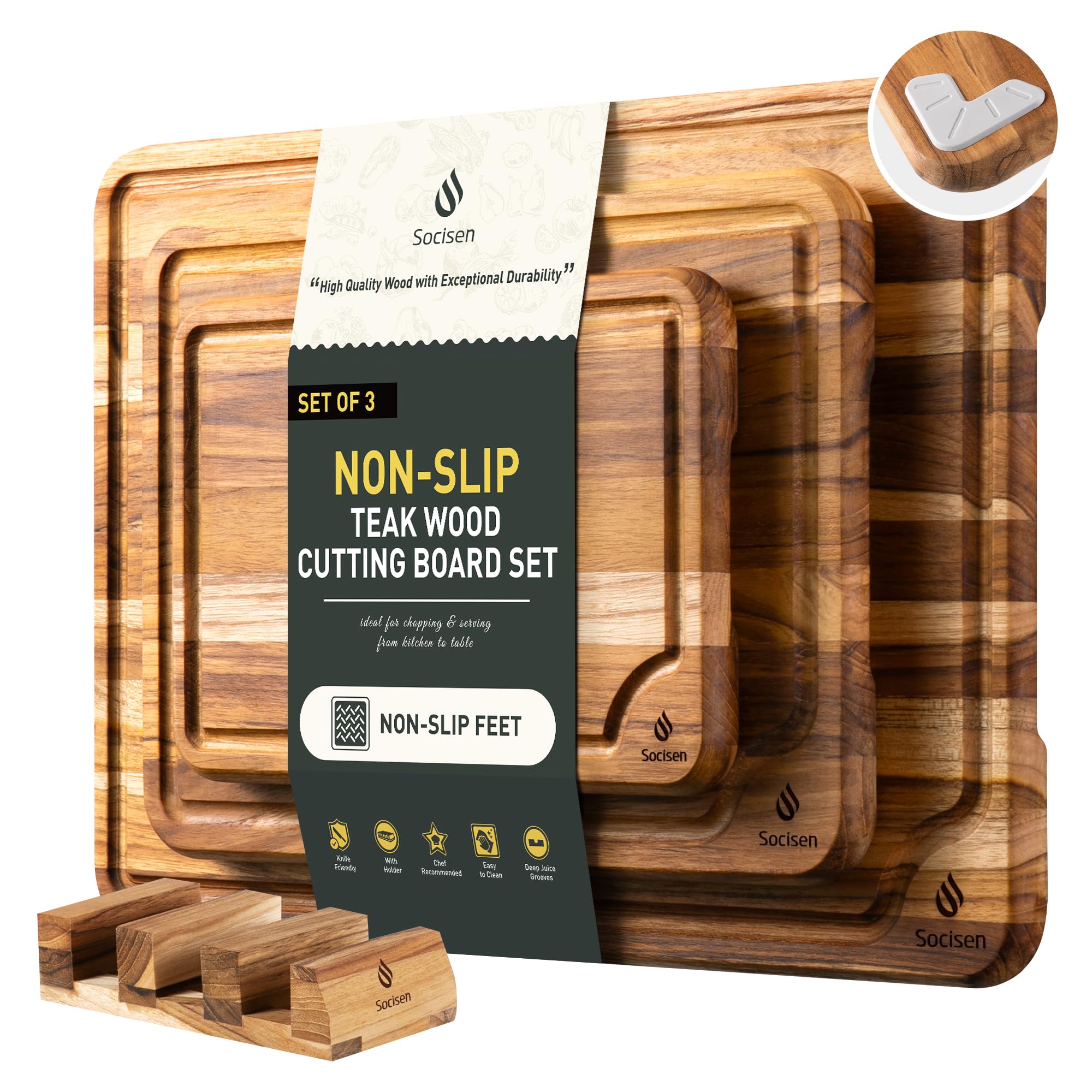 Socisen teak cutting board set 10 inch with stable non-slip base for precise slicing