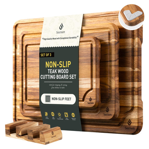 Socisen teak cutting board set 10 inch with stable non-slip base for precise slicing