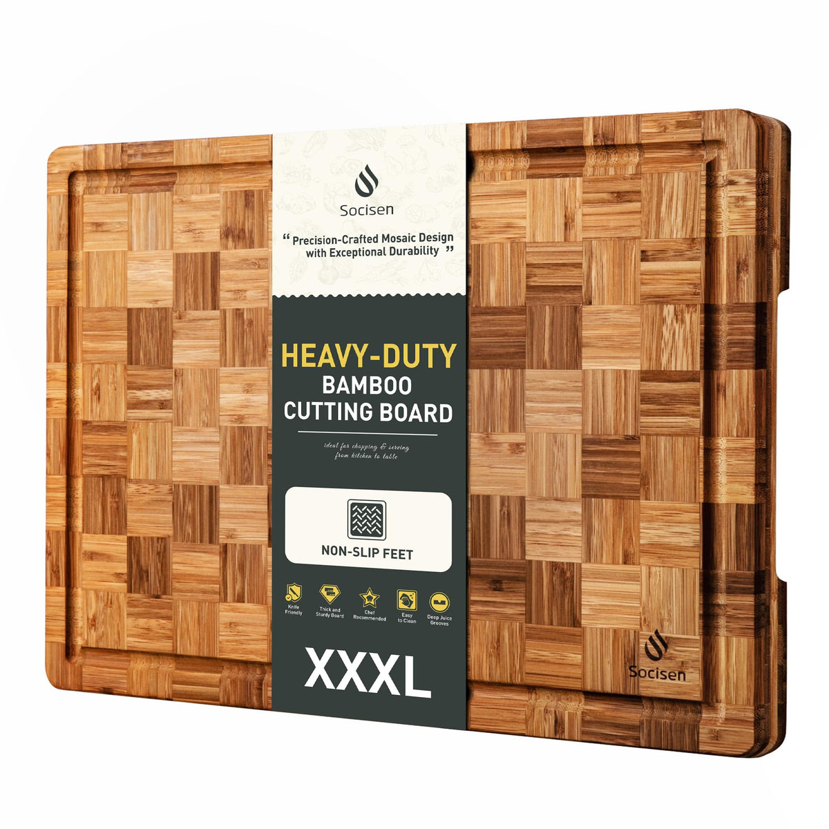 Socisen XXXL bamboo cutting board with non-slip feet for stable prep on counters.