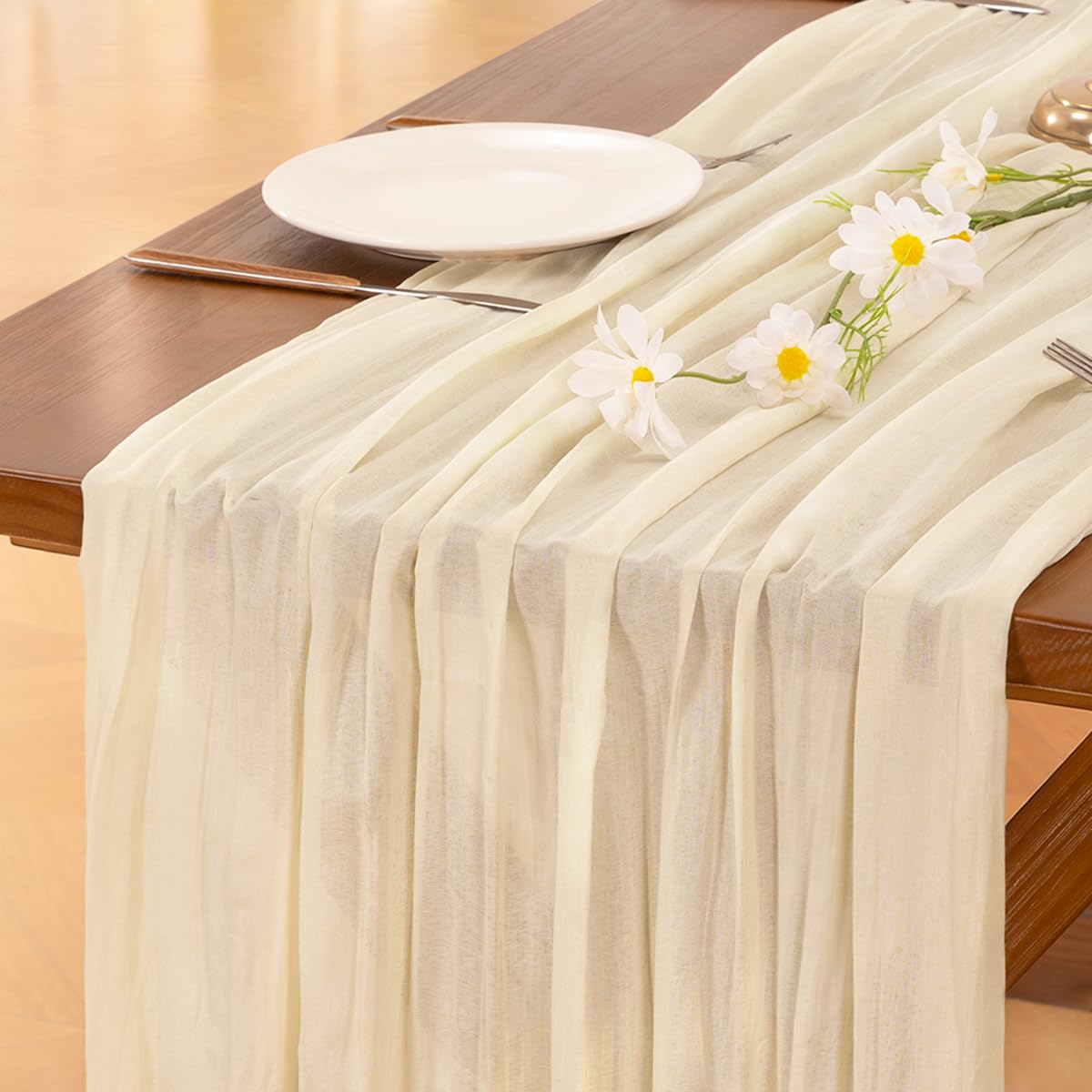 Socomi cheesecloth table runner in beige 35x120 inches ideal for versatile table decor.
