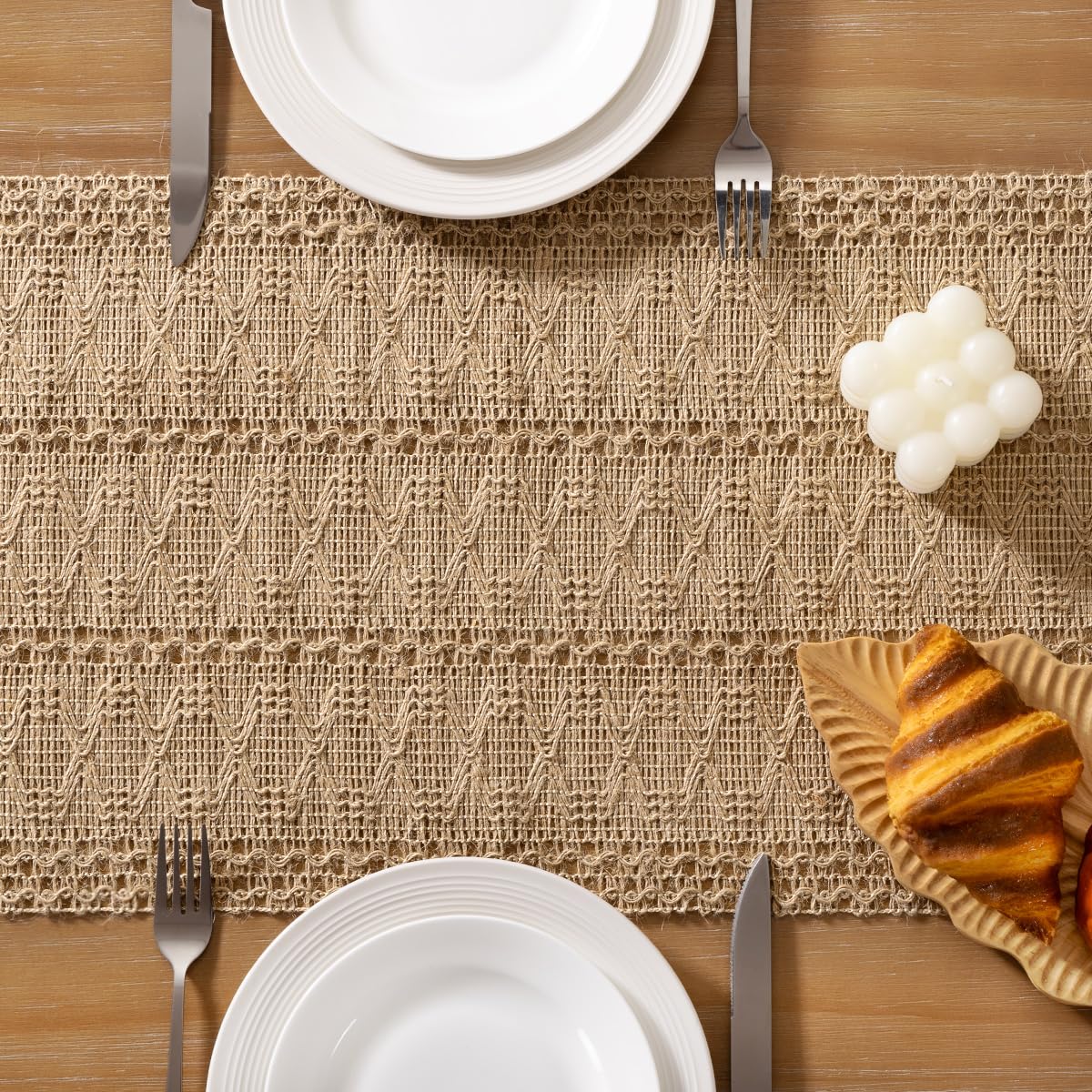 Socomi coffee table centerpiece in natural jute creates warm ambience.