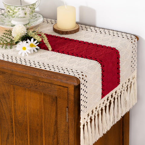 Socomi cotton linen table runner close-up shows textured macrame edges.