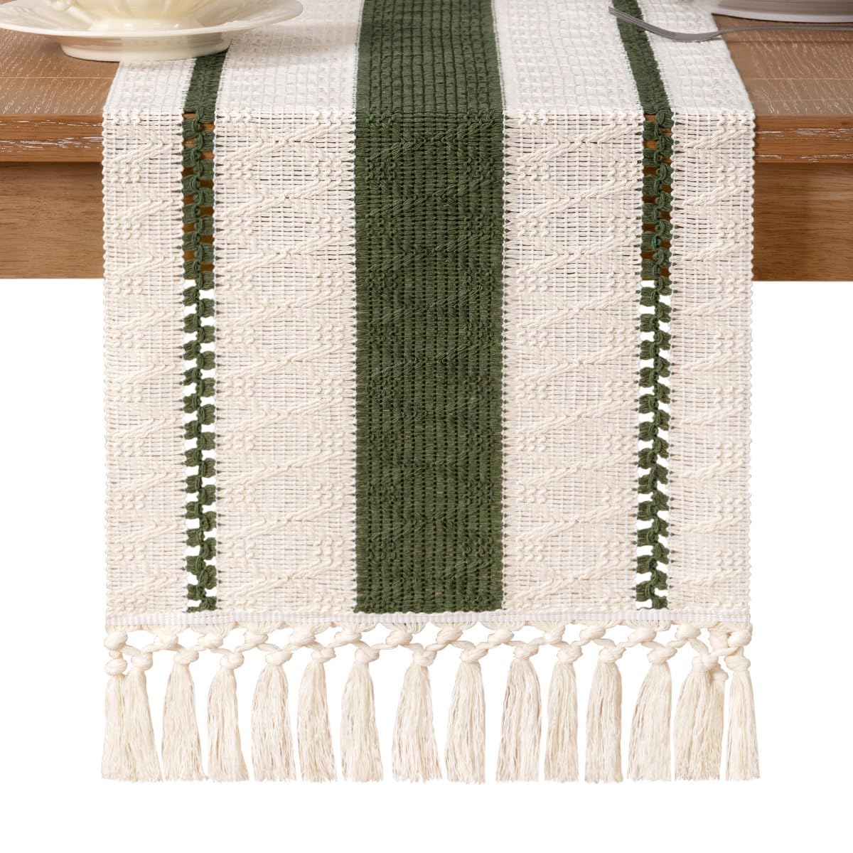 Socomi cotton-linen table runner in olive green adds natural texture to the table.