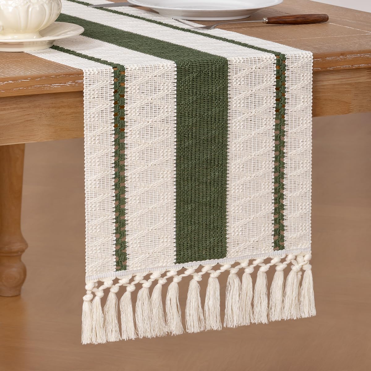Socomi olive green table runner used as dresser scarf for cozy farmhouse style.