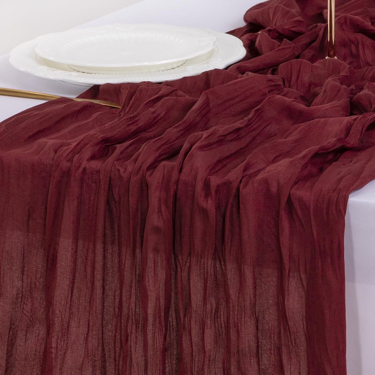 Socomi hand-dyed cheesecloth table runner brings rustic charm to any table
