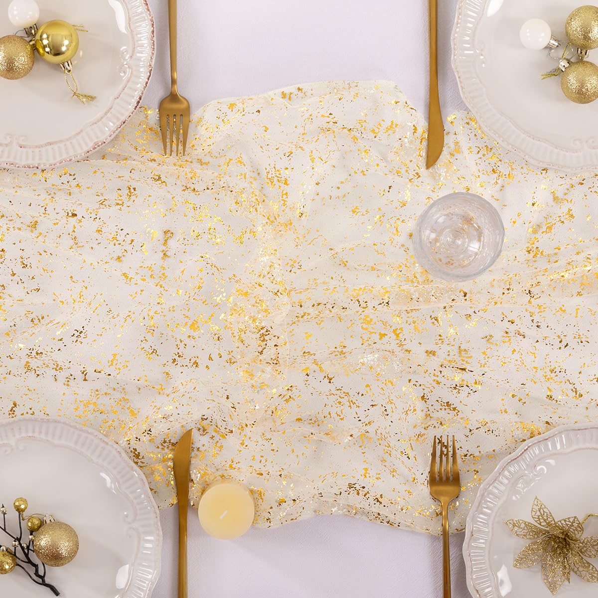 Socomi hand-dyed gauze runner highlights delicate edges for timeless décor.