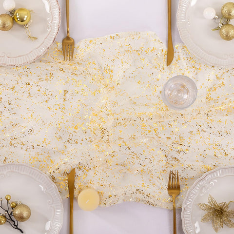 Socomi hand-dyed gauze runner highlights delicate edges for timeless décor.