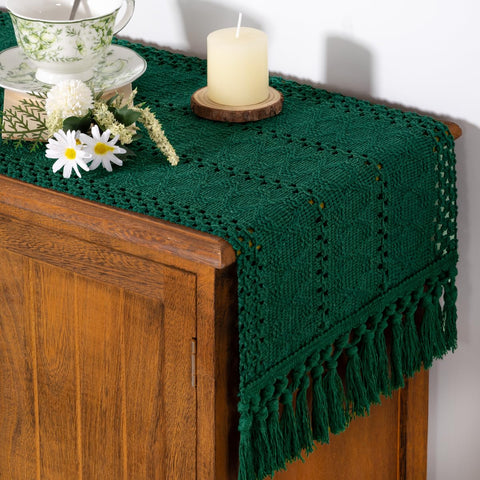 Socomi macrame fringed edges runner creates tactile texture for cozy farmhouse tables.