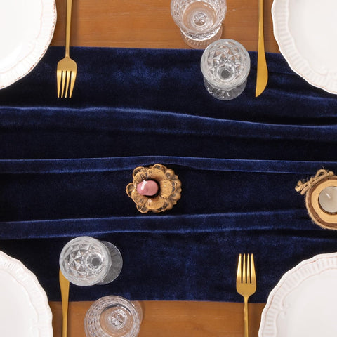 Socomi navy blue velvet table runner versatile for arch drapes and backdrop use.