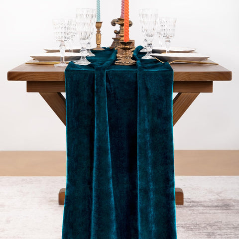 Socomi Peacock Velvet runner edge-stitch detail highlighting durable craftsmanship for formal events