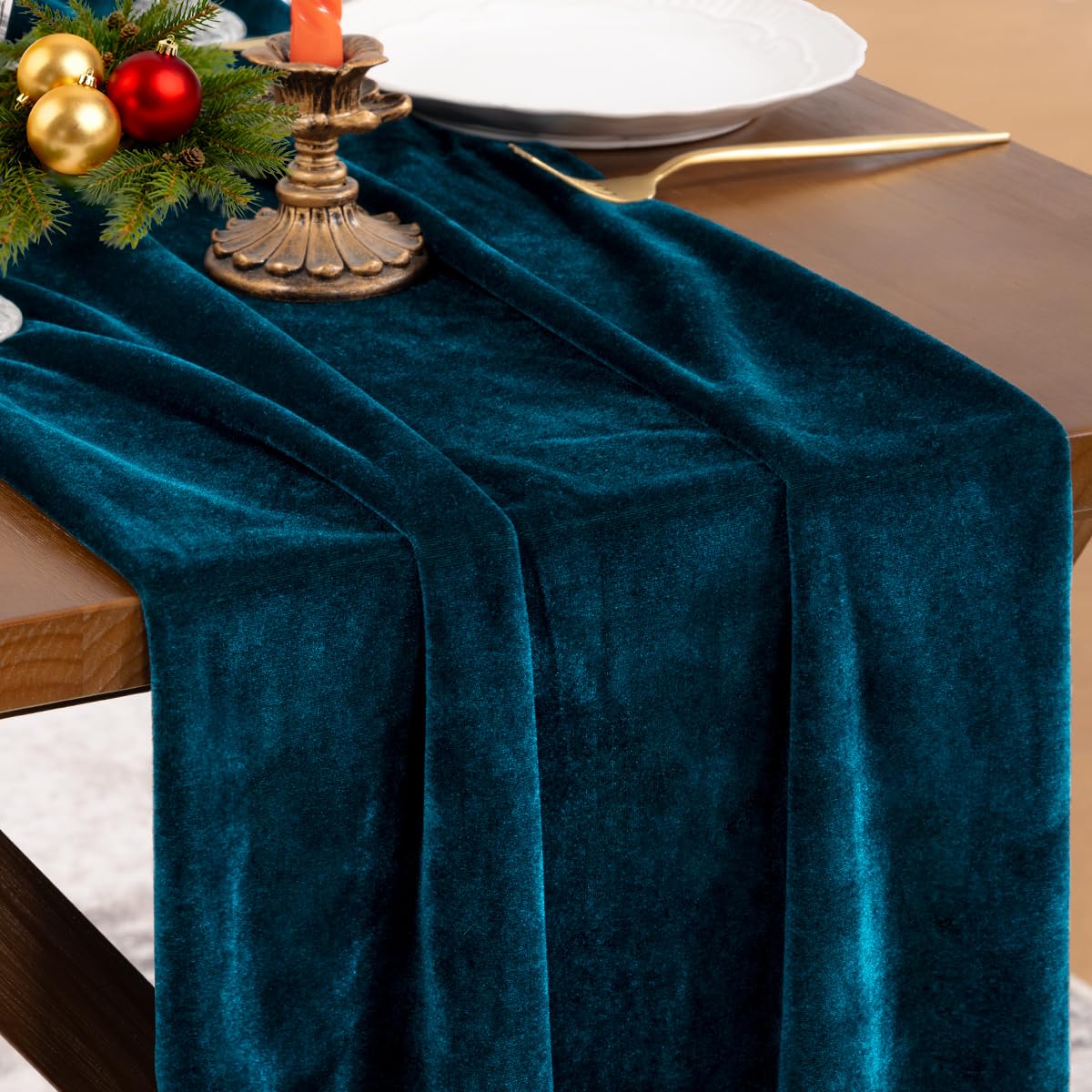Socomi Peacock Velvet table runner, front view, adds refined elegance to dining tables