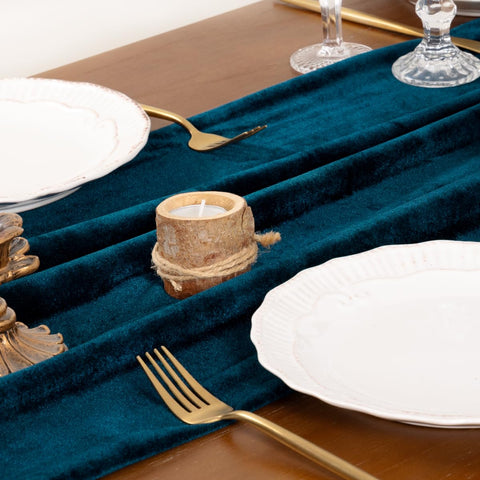 Socomi Peacock Velvet table runner placed on a dining table for holiday décor