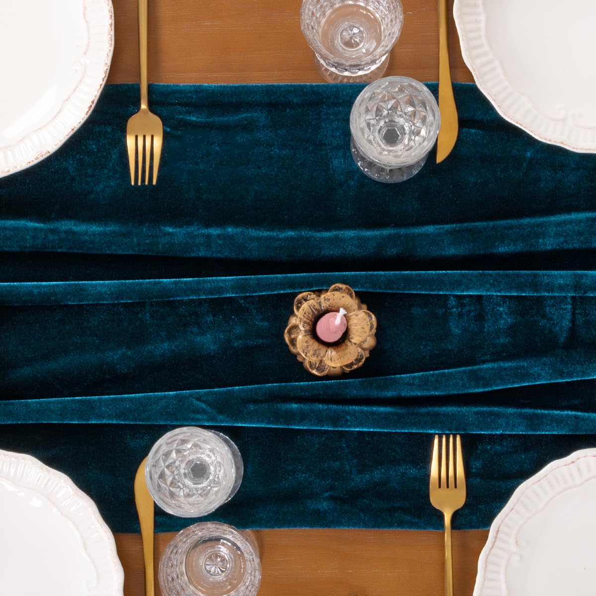 Socomi Peacock Velvet runner styled for wedding backdrop or arch drape accent