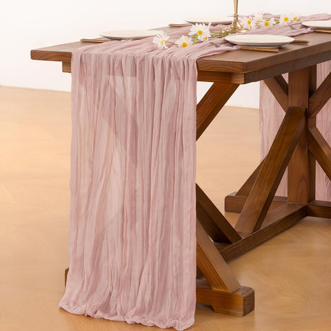 Socomi pink cheesecloth table runner for Valentine’s Day tablescape in dusty pink hues