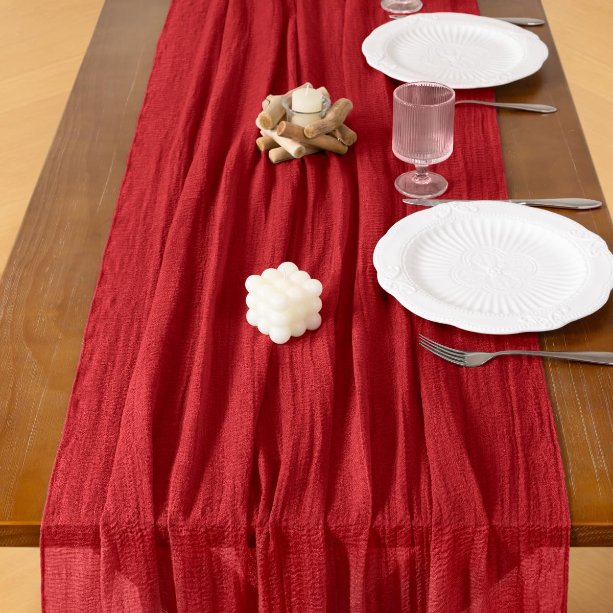 Socomi red cheesecloth table runner enhances holiday table decor