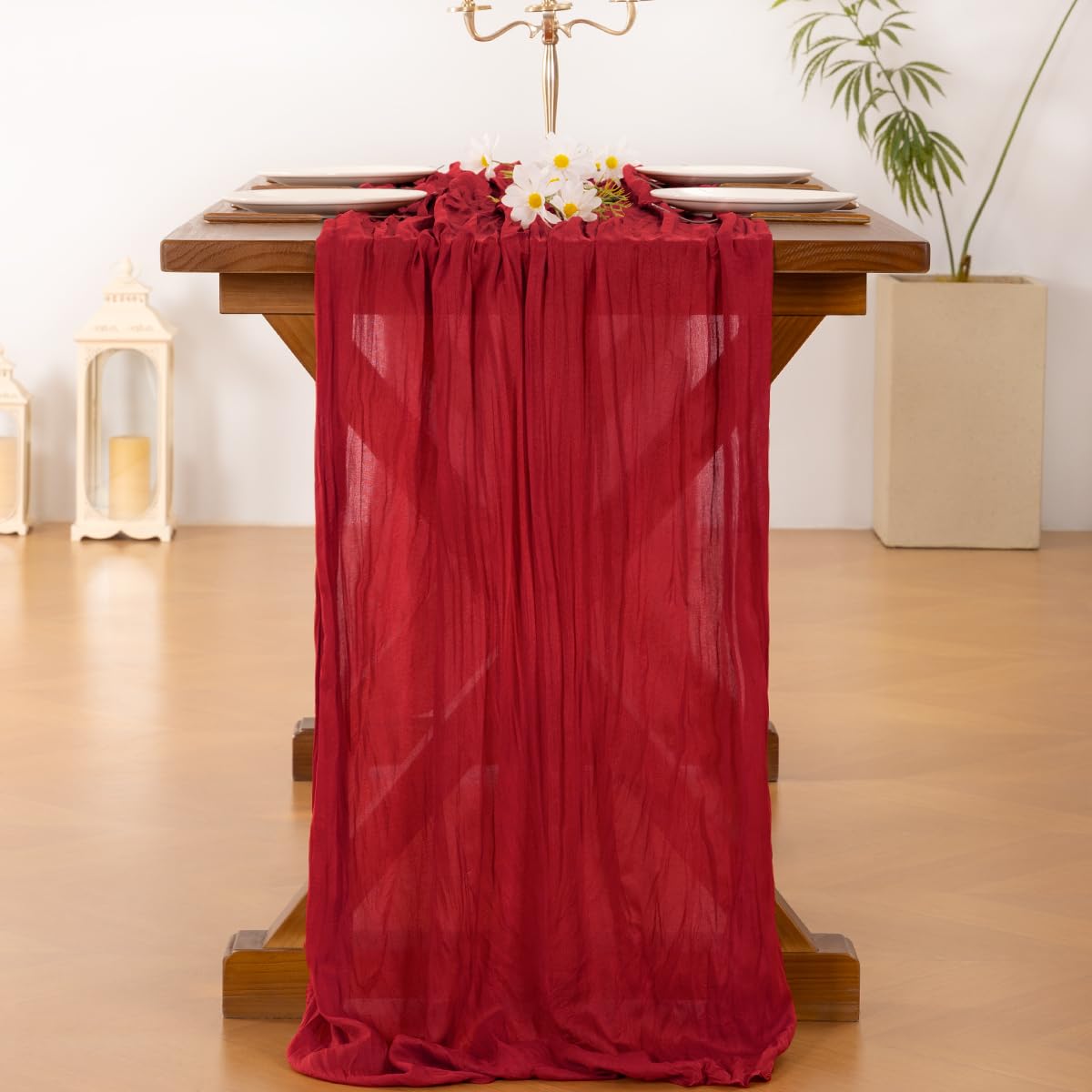 Socomi red cheesecloth table runner for Valentine's Day table setting.