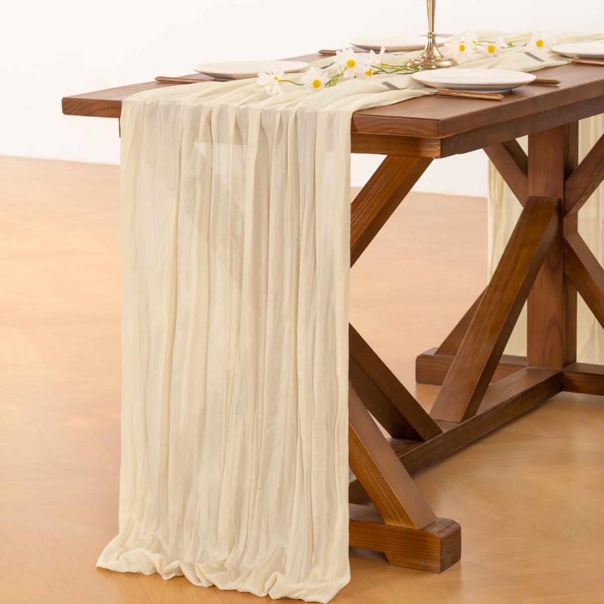 Socomi cheesecloth runner beige close-up edges show delicate stitching for durability.