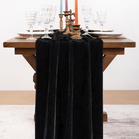 Close up of Socomi velvet table runner showing soft fabric and wrinkle resistance
