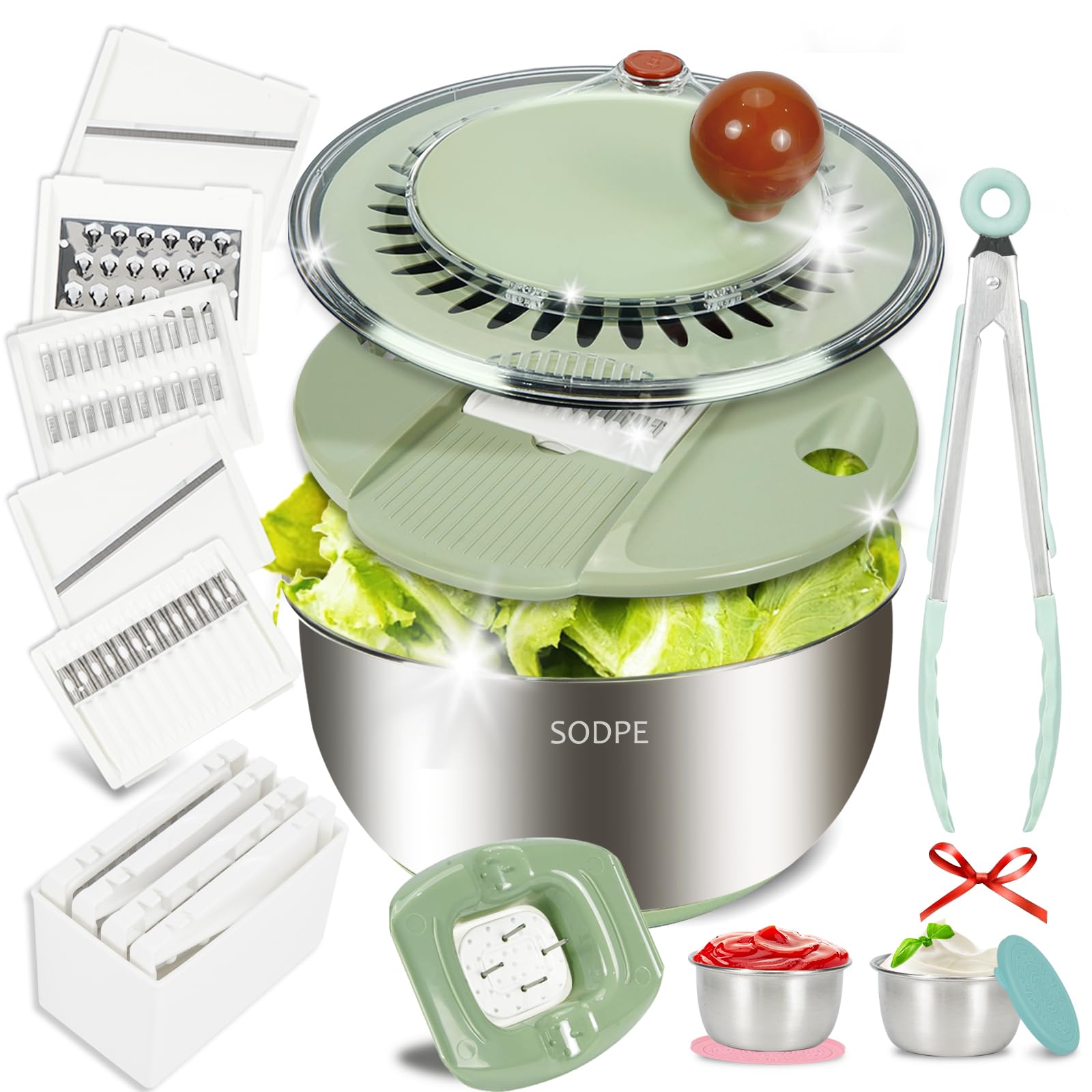 SODPE stainless-steel salad spinner large with five blades for quick washing and drying.
