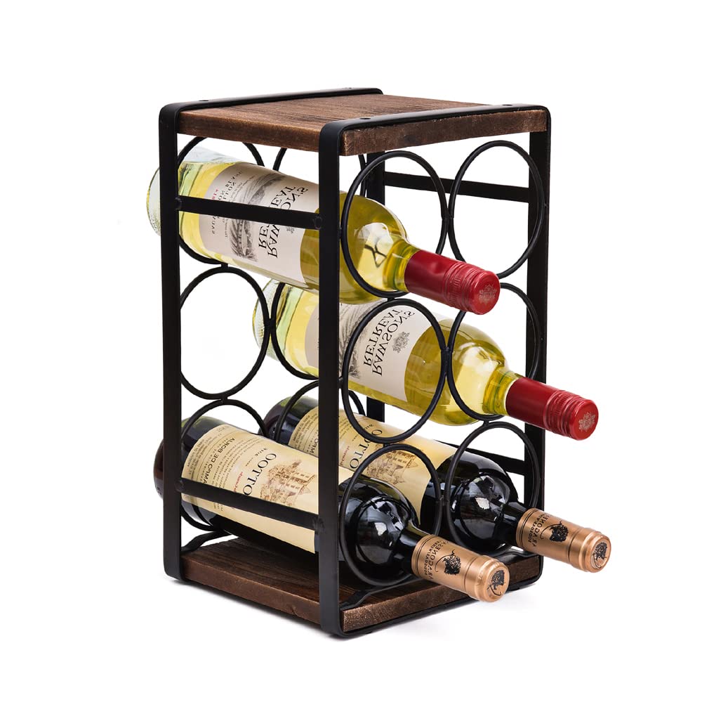 SODUKU rustic wood countertop wine rack displaying six bottles on a kitchen counter