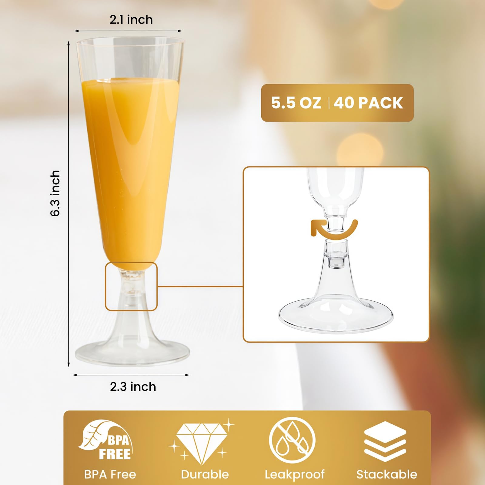 Soelomu 5.5 oz plastic flutes provide a safe option for crowded events.