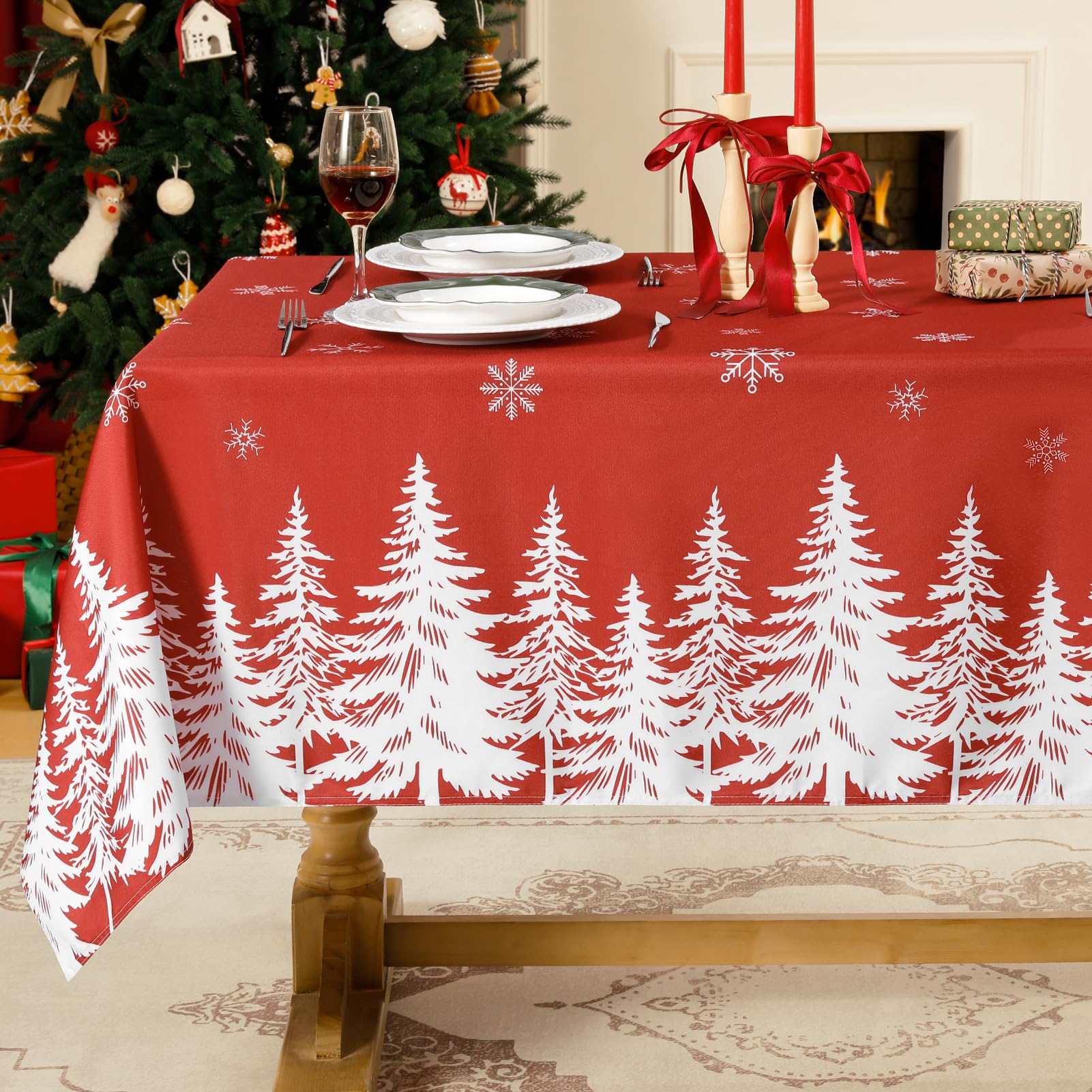 Softalker Christmas tablecloth 60x84 rectangle with red trees, ideal for festive gatherings.