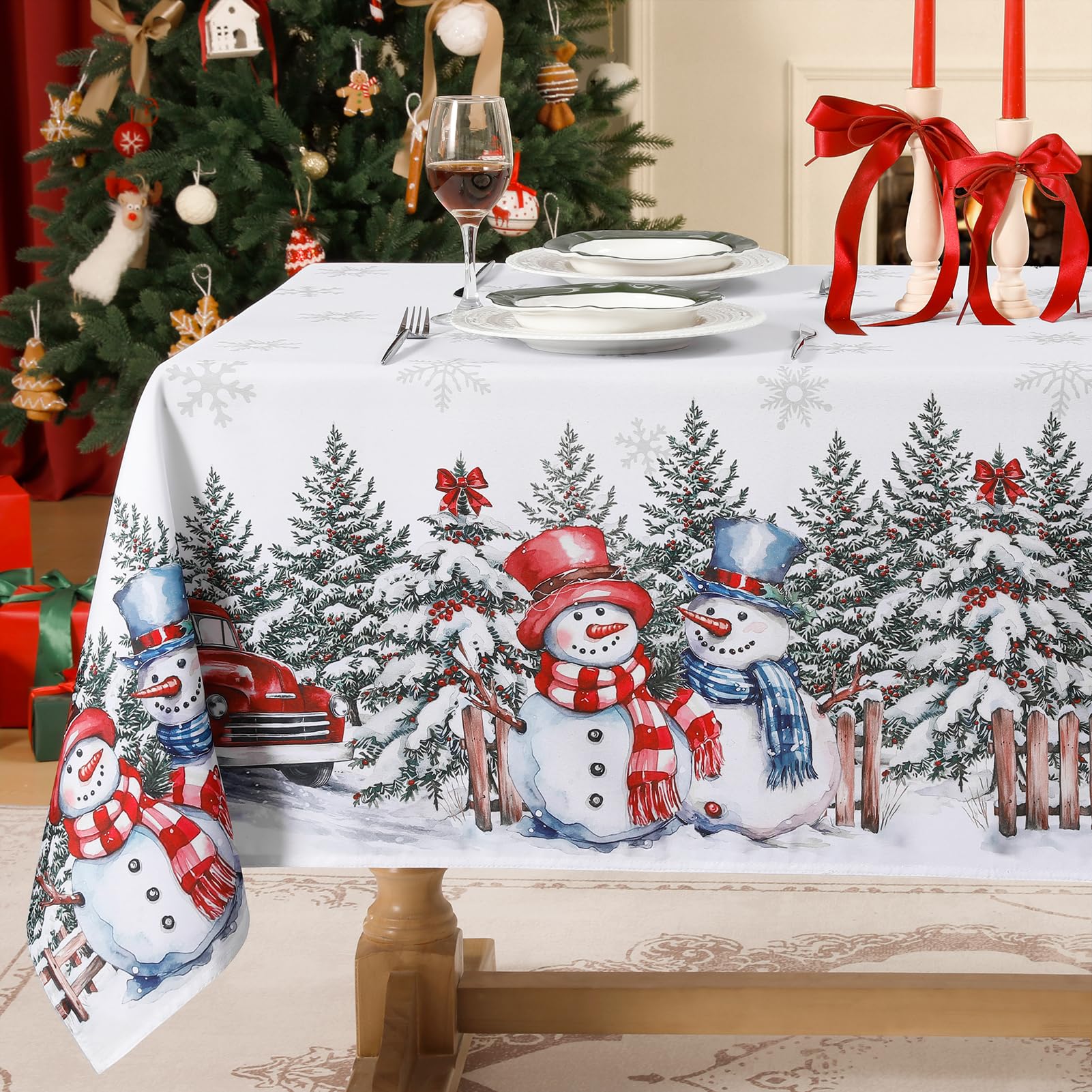 Softalker Christmas tablecloth with snowman and truck motif for festive meals.