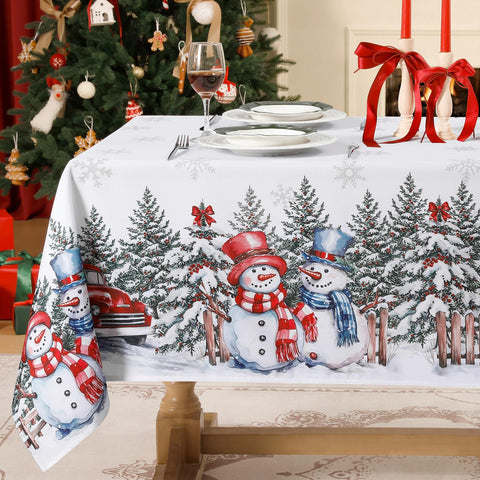 Softalker Christmas tablecloth with snowman and truck motif for festive meals.