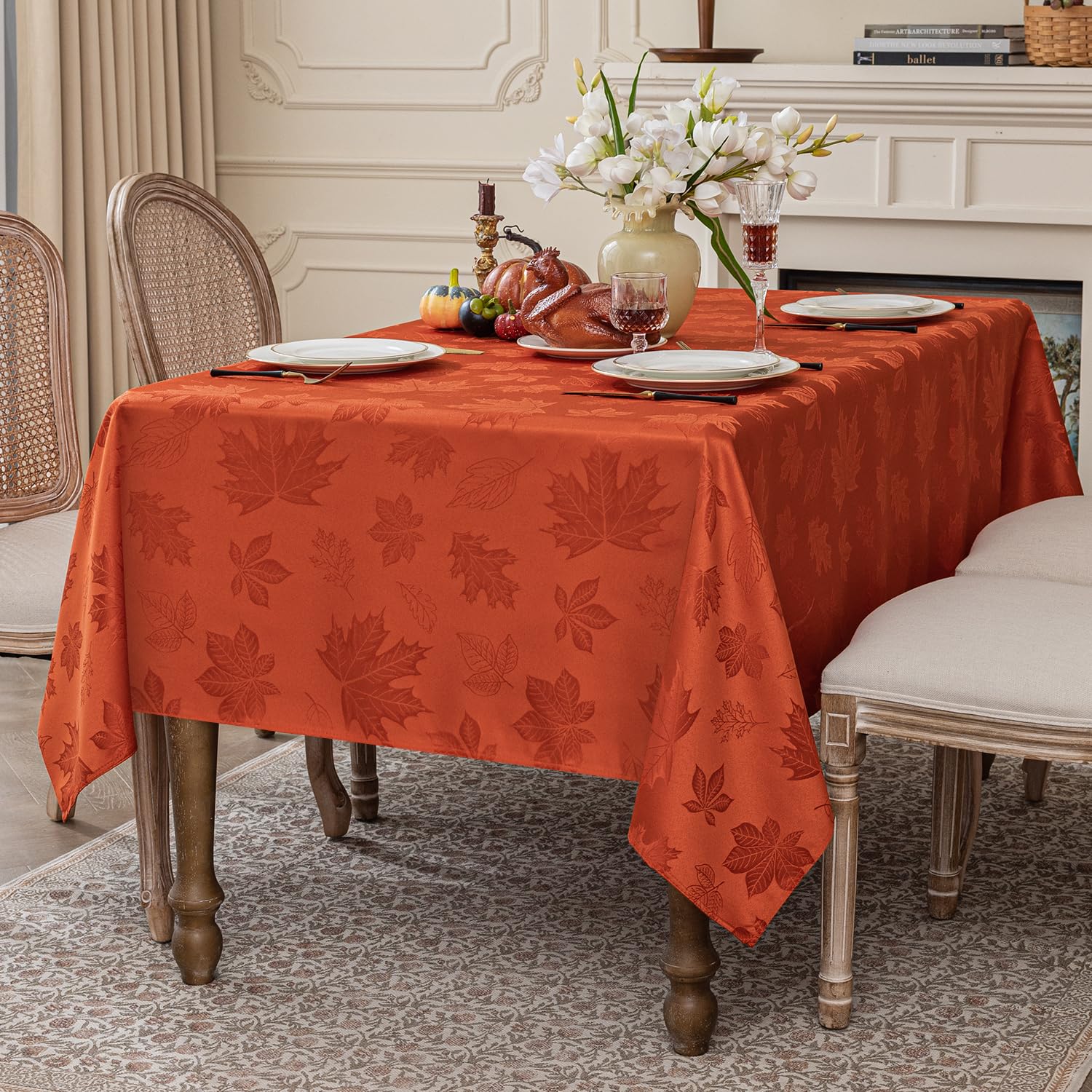 Softalker Damask polyester tablecloth close-up highlights premium fabric and everyday practicality.